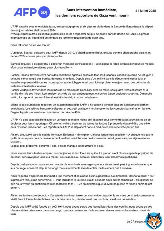 Depuis que l’AFP a été fondée en août 1944, nous avons perdu des journalistes dans des conflits, nous avons eu des blessés et des prisonniers dans nos rangs, mais aucun de nous n’a le souvenir d’avoir vu un collaborateur mourir de faim. Nous refusonsde les voir mourir.