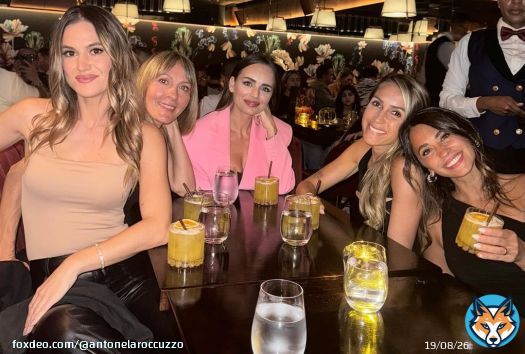 Photo shared by Antonela Roccuzzo on January 22, 2024 tagging @romarey_ventura, @sofibalbi, @elenagalera, and @benippe. May be an image of 5 people, champagne and text.