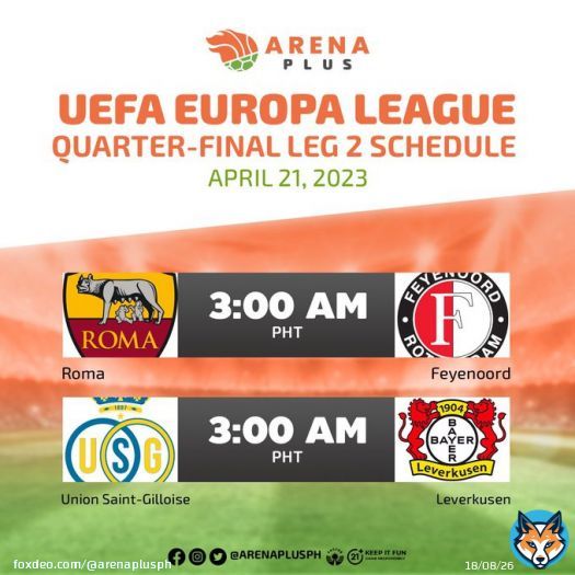 Eto na ang April 21 schedule ng Leg 2 of the UEFA Europa League quarter-final! Place your bets with ArenaPlus and root for your favorite teams!   #ArenaPlusPH #AstigSaSports #football #uefachampionsleague #ChampionsLeague #romafc #unionsg #feyenoord #manunited #sevilla