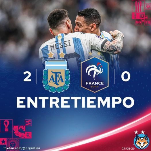 #Qatar2022    @Argentina  2 (Lionel #Messi -p- y &Aacute;ngel Di Mar&iacute;a)  #Francia  0   &iexcl;Final de la primera etapa!