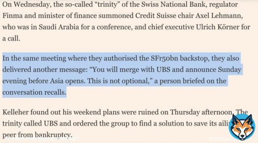 SWISS REGULATORS TO CREDIT SUISSE:  YOU WILL MERGE WITH UBS AND ANNOUNCE SUNDAY EVENING BEFORE ASKA OPENS.  THIS IS NOT OPTIONAL.