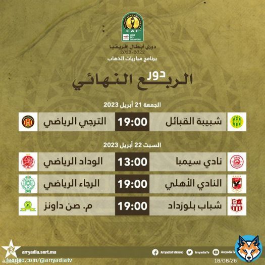 برنامج مباريات الذهاب، دور الربع النهائي, دوري أبطال إفريقيا⁩.  #دوري_أبطال_إفريقيا #TotalEnergiesCAFCL @CAFCLCC @WACofficiel @RCAofficiel