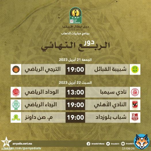 برنامج مباريات الذهاب، دور الربع النهائي, دوري أبطال إفريقيا⁩.  #دوري_أبطال_إفريقيا #TotalEnergiesCAFCL @CAFCLCC @WACofficiel @RCAofficiel