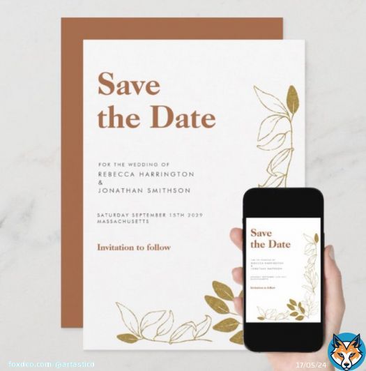 Day 4 of the #MHHSBD #AlphabetChallenge and D is for Date! Gold Leaf Terracotta Wedding Save The Date invitation, minimal and modern design. Grab a fantastic Deal with 50% off! Use code PERFECT4YOU3 #SaveTheDate #weddinginvitation #wedding #zazzlemade