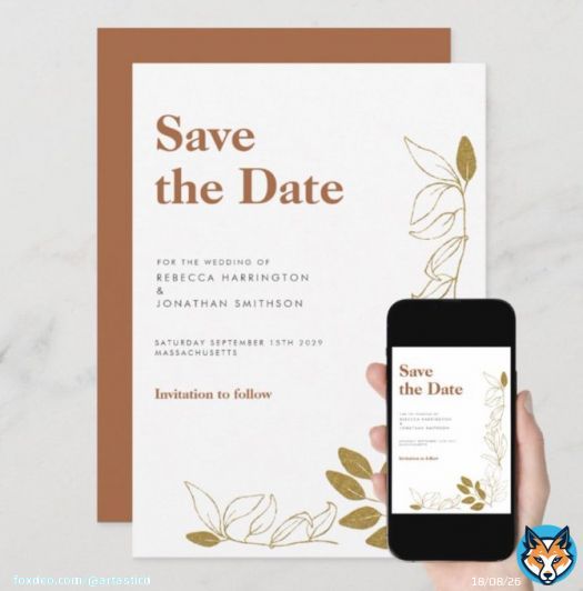 Day 4 of the #MHHSBD #AlphabetChallenge and D is for Date! Gold Leaf Terracotta Wedding Save The Date invitation, minimal and modern design. Grab a fantastic Deal with 50% off! Use code PERFECT4YOU3     #SaveTheDate #weddinginvitation #wedding #zazzlemade
