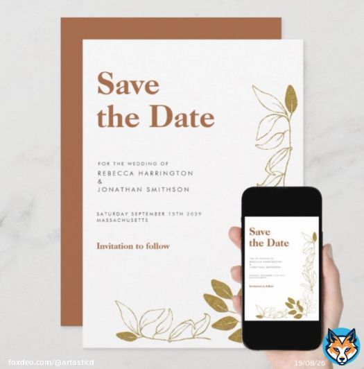 Day 4 of the #MHHSBD #AlphabetChallenge and D is for Date! Gold Leaf Terracotta Wedding Save The Date invitation, minimal and modern design. Grab a fantastic Deal with 50% off! Use code PERFECT4YOU3     #SaveTheDate #weddinginvitation #wedding #zazzlemade