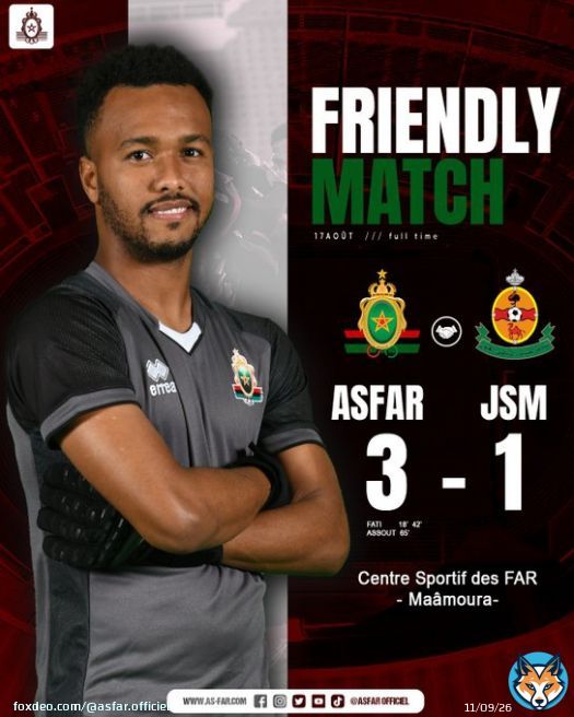 الجيش الملكي يتفوق وديا علی نادي شباب المسيرة   ASFAR    JSM  FATI (18' ; 42')  ASSOUT (65')  #َASFAR_JSM #FULL_TIME
