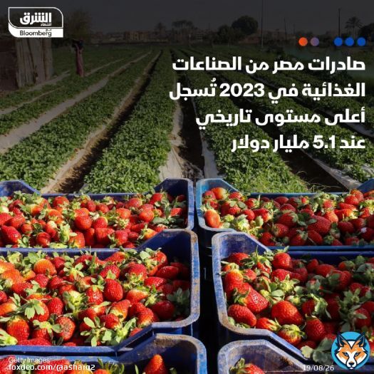 صادرات مصر من الصناعات الغذائية في 2023 سجلت أعلى مستوى تاريخي، بعد أن ارتفعت 14% إلى 5.1 مليار دولار، بحسب المجلس التصديري للصناعات الغذائية  - السودان جاءت في مقدمة الدول المستوردة بقيمة 470 مليون دولار وبنمو سنوي 138%، تليها السعودية بـ 400 مليون دولار رغم تراجعها بنسبة 3%، ثم ليبيا في المركز الثالث بقيمة 268 مليون دولار بنسبة نمو 1%  - المجلس التصديري للصناعات الغذائية يستهدف الوصول بصادرات مصر من الصناعات الغذائية بنهاية عام 2024 إلى 5.6 مليار دولار بنسبة نمو 10% مقارنة بصادرات 2023