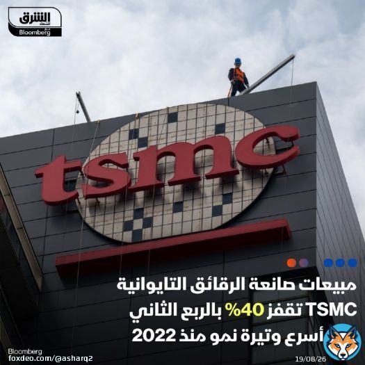 مبيعات صانعة الرقائق التايوانية TSMC تبلغ 673.5 مليار دولار تايواني جديد (نحو 20.6 مليار دولار) خلال الربع الثاني من العام الجاري، مرتفعة بنسبة 40% على أساس سنوي وهي أسرع وتيرة نمو منذ عام 2022، وفق حسابات 'بلومبرغ'  - مبيعات الشركة التايوانية بالربعبع الثاني فاقت التوقعات التي كانت تشير لنمو نسبته 35.5%، كما تجاوزت النطاق الذي حددته الشركة ويتراوح بين 19.6 و20.4 مليار دولار، وهو ما جاء مدعوما بطفرة الذكاء الاصطناعي  التفاصيل: