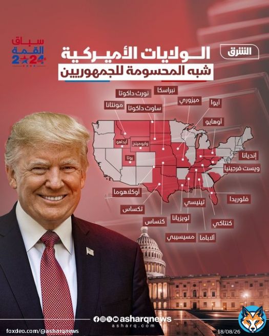 ولايات أميركية قد تكون شبه محسومة لصالح المرشح الجمهوري دونالد ترمب.. برأيك هل ستتحول إحداهما إلى ولاية زرقاء في هذه الانتخابات؟  تغطية لحظة بلحظة للانتخابات الأميركية على موقع #الشرق:  #الانتخابات_مع_الشرق #الشرق_للأخبار