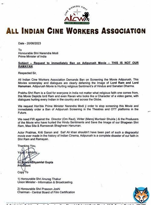 All India Cine Workers Association write to Prime Minister @narendramodi, requesting him to 'stop screening the movie and immediately order a ban of #Adipurush screening in the theatres and OTT platforms in the future.   'We need FIR against Directoror Om Raut, dialogue writer&hellip;&nbsp;Show more