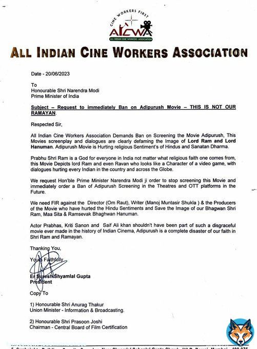 All India Cine Workers Association write to Prime Minister @narendramodi, requesting him to 'stop screening the movie and immediately order a ban of #Adipurush screening in the theatres and OTT platforms in the future.   'We need FIR against Directoror Om Raut, dialogue writer&hellip;&nbsp;Show more