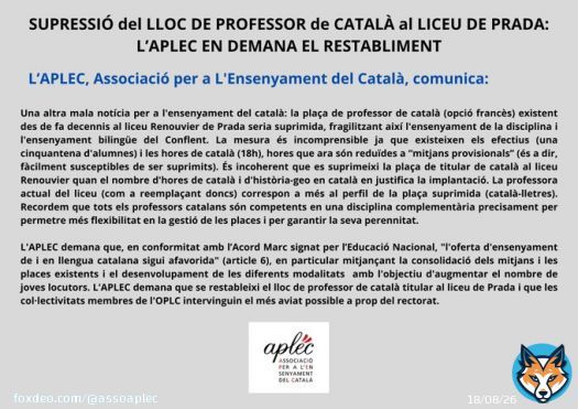 COMUNICAT de PREMSA de l&rsquo;Associaci&oacute; APLEC / COMMUNIQUE de PRESSE de l&rsquo;Associaci&oacute; APLEC - 1 de mar&ccedil; 2023. Catalunya Nord #CatalunyaNord