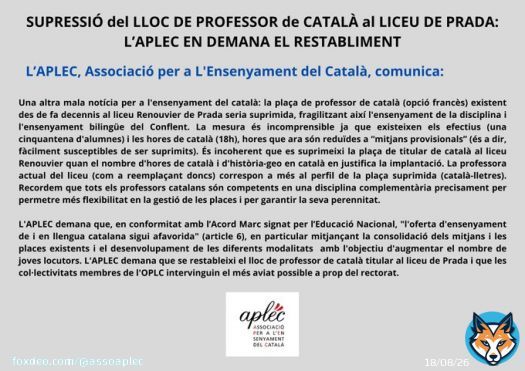 COMUNICAT de PREMSA de l&rsquo;Associaci&oacute; APLEC / COMMUNIQUE de PRESSE de l&rsquo;Associaci&oacute; APLEC - 1 de mar&ccedil; 2023. Catalunya Nord #CatalunyaNord