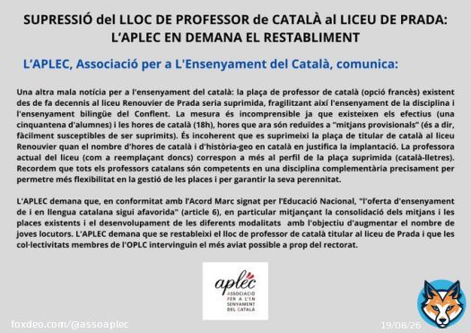 COMUNICAT de PREMSA de l&rsquo;Associaci&oacute; APLEC / COMMUNIQUE de PRESSE de l&rsquo;Associaci&oacute; APLEC - 1 de mar&ccedil; 2023. Catalunya Nord #CatalunyaNord