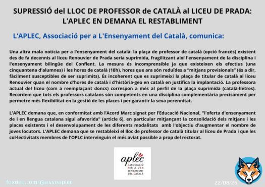 COMUNICAT de PREMSA de l&rsquo;Associaci&oacute; APLEC / COMMUNIQUE de PRESSE de l&rsquo;Associaci&oacute; APLEC - 1 de mar&ccedil; 2023. Catalunya Nord #CatalunyaNord