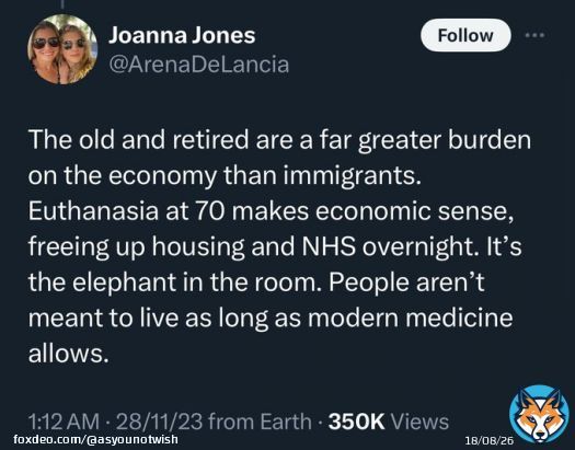 Joanna wants older Brits murdered so immigrants can take over.  Very smart