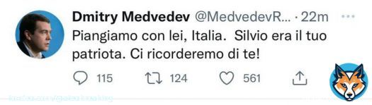 Дмитрий Медведев на итальянском простился с Сильвио Берлускони.   'Мы плачем вместе с тобой, Италия. Сильвио был твоим патриотом', &mdash; написал Медведев в своем Twitter. 'Мы будем помнить тебя!' &mdash; добавил он, обращаясь к экс-премьеру Италиилии
