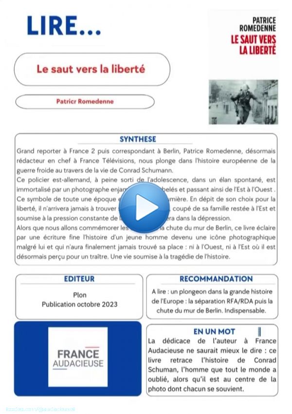 Pour les 35 ans de la chute du Mur de #Berlin , je vous recommande très vivement Le Saut vers la Liberté du journaliste @PatRomedenne . @AudacieuseF partage meme une fiche de #lecture