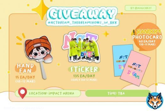 (pls rt)  giveaway  \u273f handfan  \u273f sticker \u273f photo card random  ：10-12 mar ：rt+show this tweet   #THEDREAMSHOW2_in_BKK #NCTDREAM_THEDREAMSHOW2_in_BKK