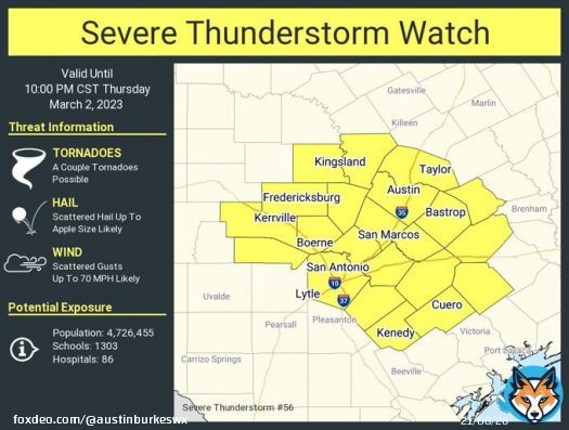 SEVERE THUNDERSTORM WATCH until 10 pm for the Austin Metro and others across Central Texas. Stay weather aware! #txwx #atxwx