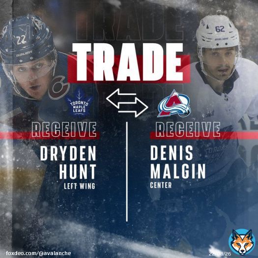 We have acquired forward Denis Malgin from the Maple Leafs in exchange for Dryden Hunt.   #GoAvsGo
