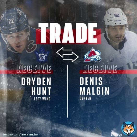 We have acquired forward Denis Malgin from the Maple Leafs in exchange for Dryden Hunt.   #GoAvsGo