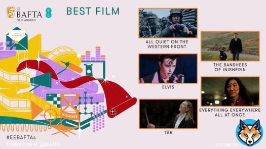 And the Best Film nominees are&hellip;     ALL QUIET ON THE WESTERN FRONT  THE BANSHEES OF INISHERIN   ELVIS   EVERYTHING EVERYWHERE ALL AT ONCE   T&Aacute;R  #EEBAFTAs