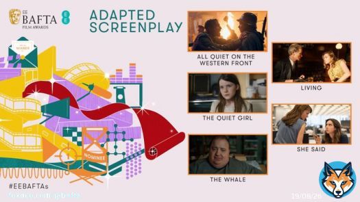 Turning page to screenplay are the Adapted Screenplay nominees!   ALL QUIET ON THE WESTERN FRONT  LIVING  THE QUIET GIRL  SHE SAID  THE WHALE  #EEBAFTAs