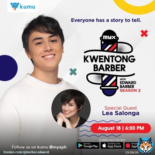 QuoteMYX Global@myxglobal·Aug 17, 2021You wouldn't wanna miss this week's episode of Kwentong Barber 'cos joining Edward Barber (@Barber_Edward_) is none other than Tony Award-winning artist Lea Salonga (@MsLeaSalonga)! Catch our new episode LIVE tomtomorrow, August 18 at 6pm on our official kumu account @ myxph!
