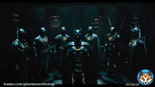Brightened up my Screencap of the Batsuit Vault shot from #TheFlashMovie TV Spot, from Left to right: - Year One (?) Batsuit w/ Holters - Blue & Grey Batsuit  (cloth body suit?) - 1989 Batsuit  - Main Batsuit for the film - Returns Batsuit - Underwater Batsuit - Desert Batsuit