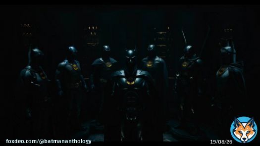 Brand New Suit Vault full of Old and NEW Burtonverse Batsuits from #TheFlashMovie TV Spot. I see a Blue and Grey suit, the 1989 suit, the Returns suit, what looks like an Underwater Suit, and what might be an Armored suit on the far left and a Desertsuit on the far right.