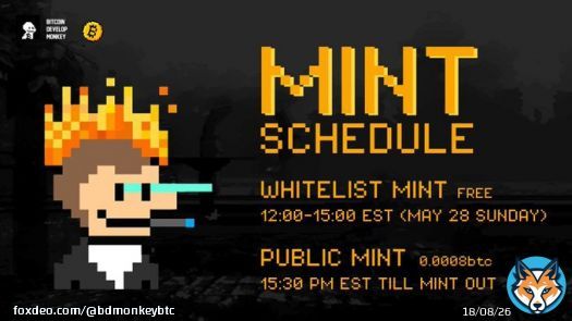 BD Monkey Family!!!   The day we have all been eagerly waiting for HAS FINALLY ARRIVED!!   We are delighted to announce the final details for our mint:  There will be two mint phases:  : Whitelist Mint [FREE] Mint Time: 12:00 PM - 3:00 PM EST [May 28th, Sunday] 1 max nft&hellip;