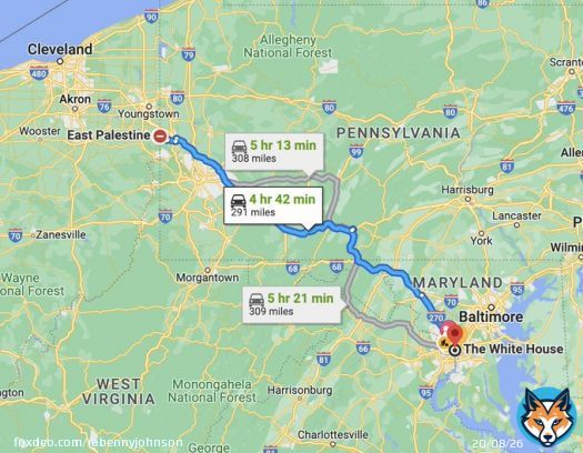 The White House to East Palestine, Ohio:   200 miles, 30 minute flight   The White House to Kyiv, Ukraine:  5,000 miles, 12 hour flight  Guess which trip Joe Biden prioritized?