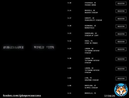 Datas da RENAISSANCE WORLD TOUR, nova turn&ecirc; da Beyonc&eacute;.