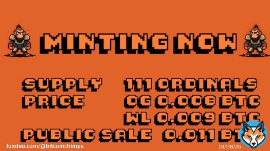 Bitcoin Chimps - Wave 1 - MINTING NOW!  Don't miss out on your chance to own a piece of the worlds first phygital Bitcoin NFT. Join us now and grab your Bitcoin Chimps Ordinal #BitcoinOrdinals #MintingNOW