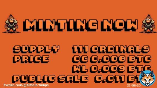Bitcoin Chimps - Wave 1 - MINTING NOW!  Don't miss out on your chance to own a piece of the worlds first phygital Bitcoin NFT. Join us now and grab your Bitcoin Chimps Ordinal #BitcoinOrdinals #MintingNOW