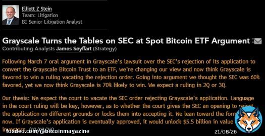BREAKING:  US Court likely to overturn SEC denial of Grayscale spot #Bitcoin ETF - Bloomberg Intelligence.  This could 'unlock $5.5 billion in value'