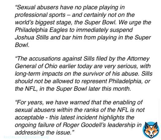 UltraViolet calls on the Philadelphia Eagles to block Josh Sills from playing in Super Bowl LVII after rape and kidnapping indictment