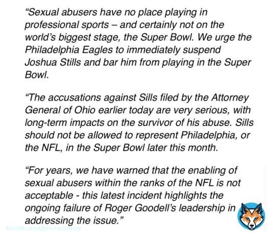 UltraViolet calls on the Philadelphia Eagles to block Josh Sills from playing in Super Bowl LVII after rape and kidnapping indictment