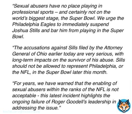 UltraViolet calls on the Philadelphia Eagles to block Josh Sills from playing in Super Bowl LVII after rape and kidnapping indictment