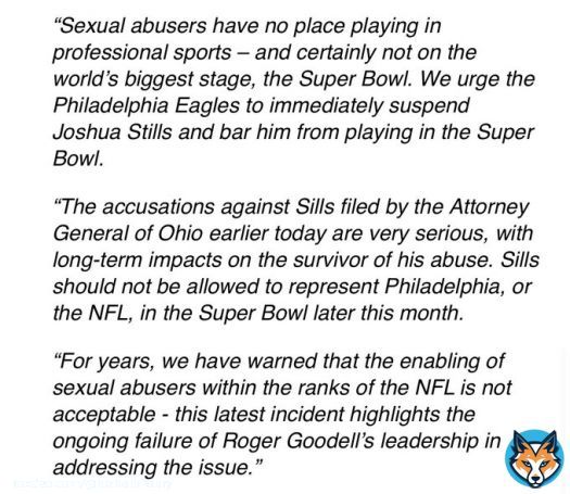 UltraViolet calls on the Philadelphia Eagles to block Josh Sills from playing in Super Bowl LVII after rape and kidnapping indictment