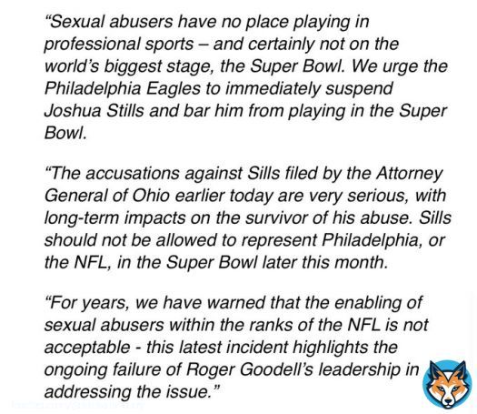 UltraViolet calls on the Philadelphia Eagles to block Josh Sills from playing in Super Bowl LVII after rape and kidnapping indictment