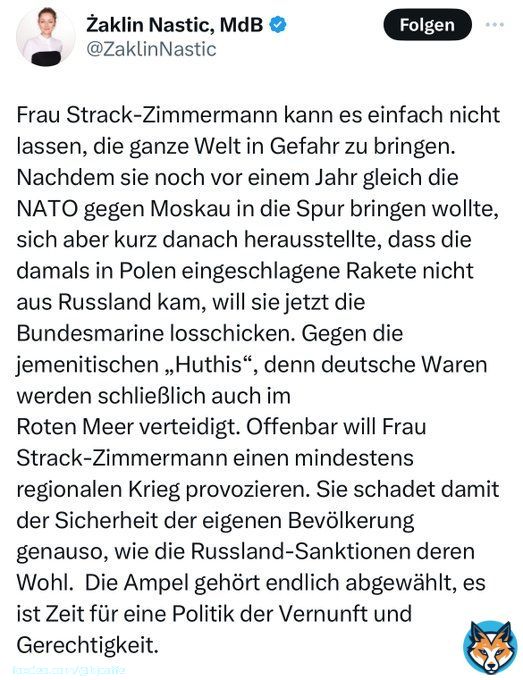 Lieber Frau Nastic,  Wie passt Terrorismus zu Gerechtigkeit?   Vielleicht haben Sie zu viele Copnik getrunken?   #SPDentrussifizieren #StandWithUkraine #ArmUkraineNow #SlavaUkraini #Misstrauensvotum #RussiaIsATerroristState #VisaBan #FreeTaurusQuote