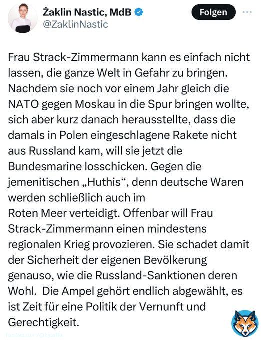 Lieber Frau Nastic,  Wie passt Terrorismus zu Gerechtigkeit?   Vielleicht haben Sie zu viele Copnik getrunken?   #SPDentrussifizieren #StandWithUkraine #ArmUkraineNow #SlavaUkraini #Misstrauensvotum #RussiaIsATerroristState #VisaBan #FreeTaurusQuote