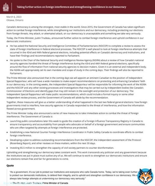 In which the @JustinTrudeau PMO publishes 1,047 words under the headline 'Taking further action on foreign interference and strengthening confidence in our democracy,' but omits the name of the foreign country.  #cdnpoli #ccp #ufwd