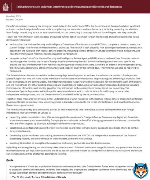In which the @JustinTrudeau PMO publishes 1,047 words under the headline 'Taking further action on foreign interference and strengthening confidence in our democracy,' but omits the name of the foreign country.  #cdnpoli #ccp #ufwd