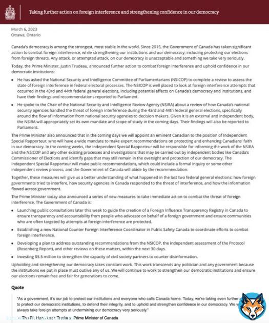 In which the @JustinTrudeau PMO publishes 1,047 words under the headline 'Taking further action on foreign interference and strengthening confidence in our democracy,' but omits the name of the foreign country.  #cdnpoli #ccp #ufwd