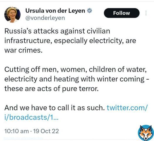 The gross racism and prejudice of the EU is laid bare in a single Tweet.   According to Von der Leyen:  'Cutting off men, women, and children from water, electricity, and heating with winter coming are acts of pure terror.'   But not if they are Palelestinians?