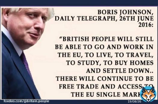 'British people will still be able to go and work in the EU, to live, to travel, to study, to buy homes and settle down. There will continue to be free trade and access to the EU Single Market.'  Boris Johnson (2016)  #BrexitReality